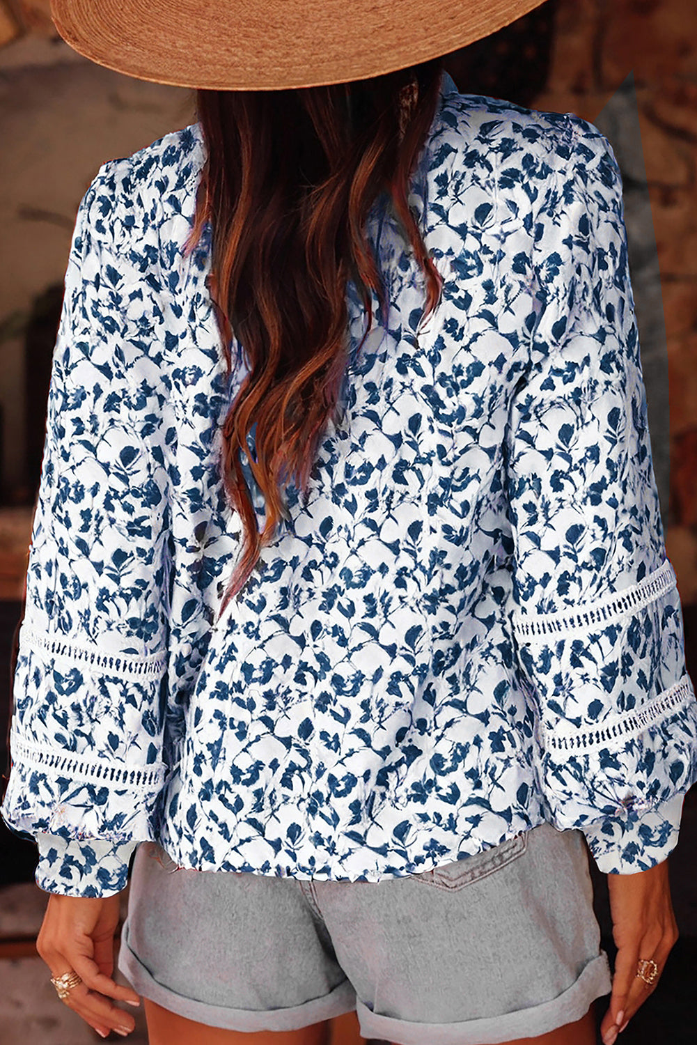 Lace Detail Floral Puff Sleeve Fall Shirt