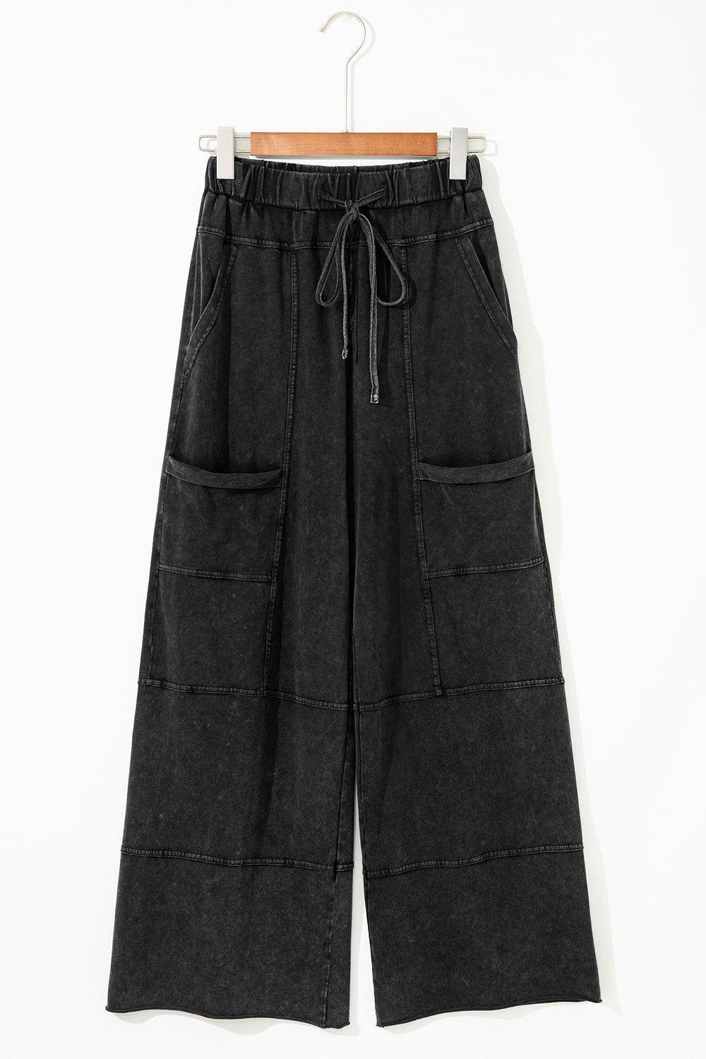 Mineral Wash Exposed Seam Drawstring High Waist Wide Leg Cargo Pants