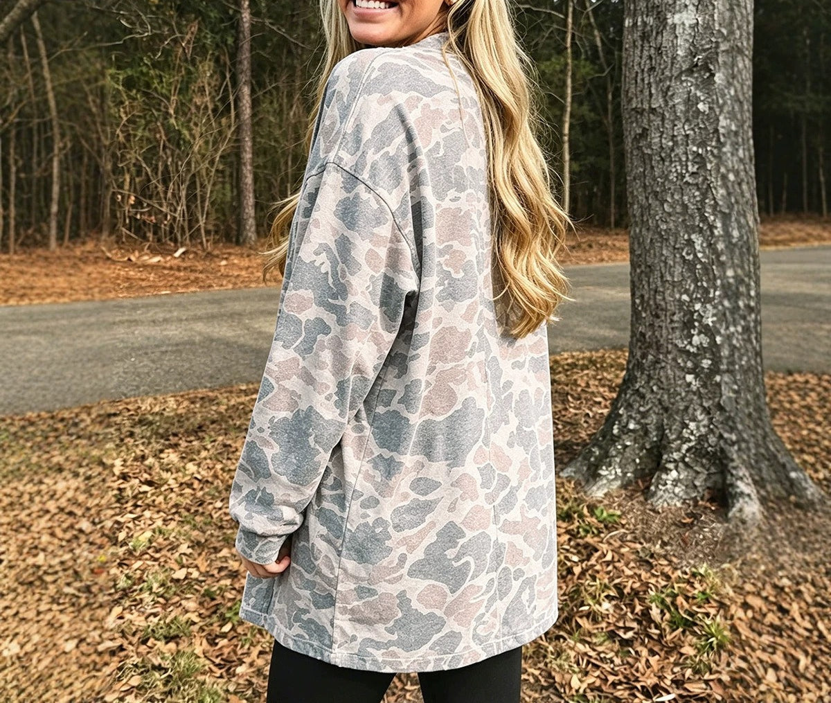 Multicolour Camouflage Print Long Sleeve Open Front Tunic Cardigan