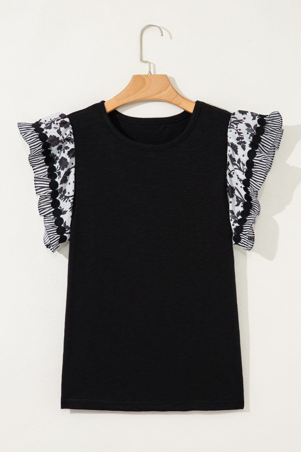 Ricrac Trim Printed Flutter Sleeve Contrast Patchwork Blouse