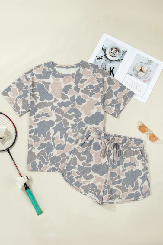 Multicolour Camouflage Loose Tee Drawstring Shorts 2pcs Outfit
