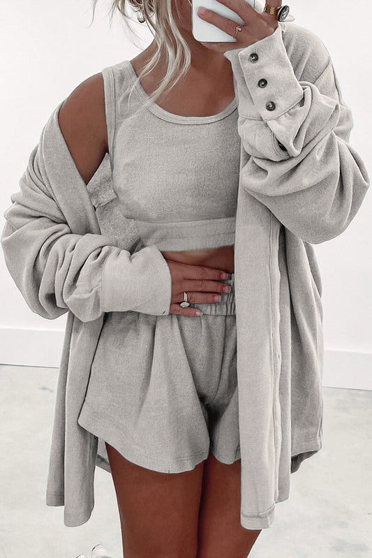 3 Pcs Crop Tank Top Shorts with Cardigan Lounge Set