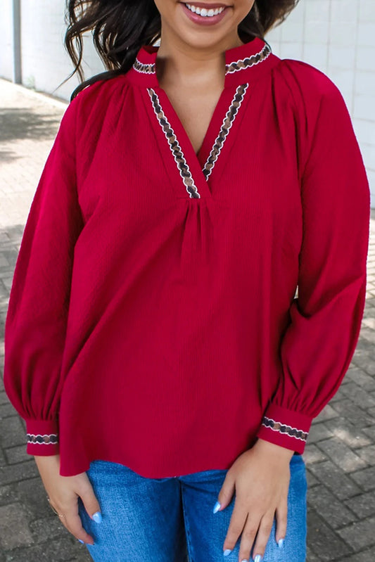 Jacquard Print V Neck Textured Blouse