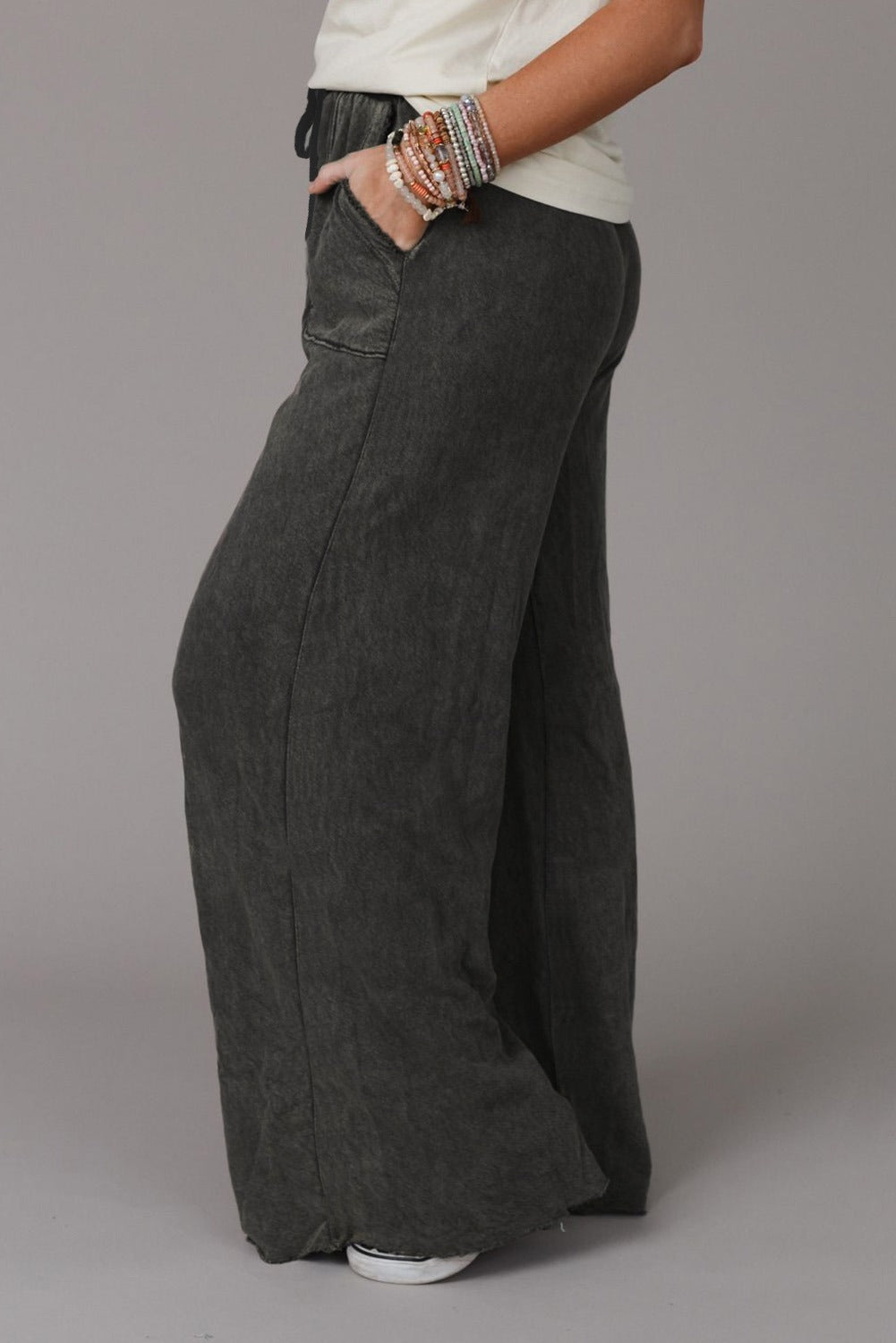Washed White Drawstring Retro Washed Drawstring Wide Leg Pants – ALBC Wholesale