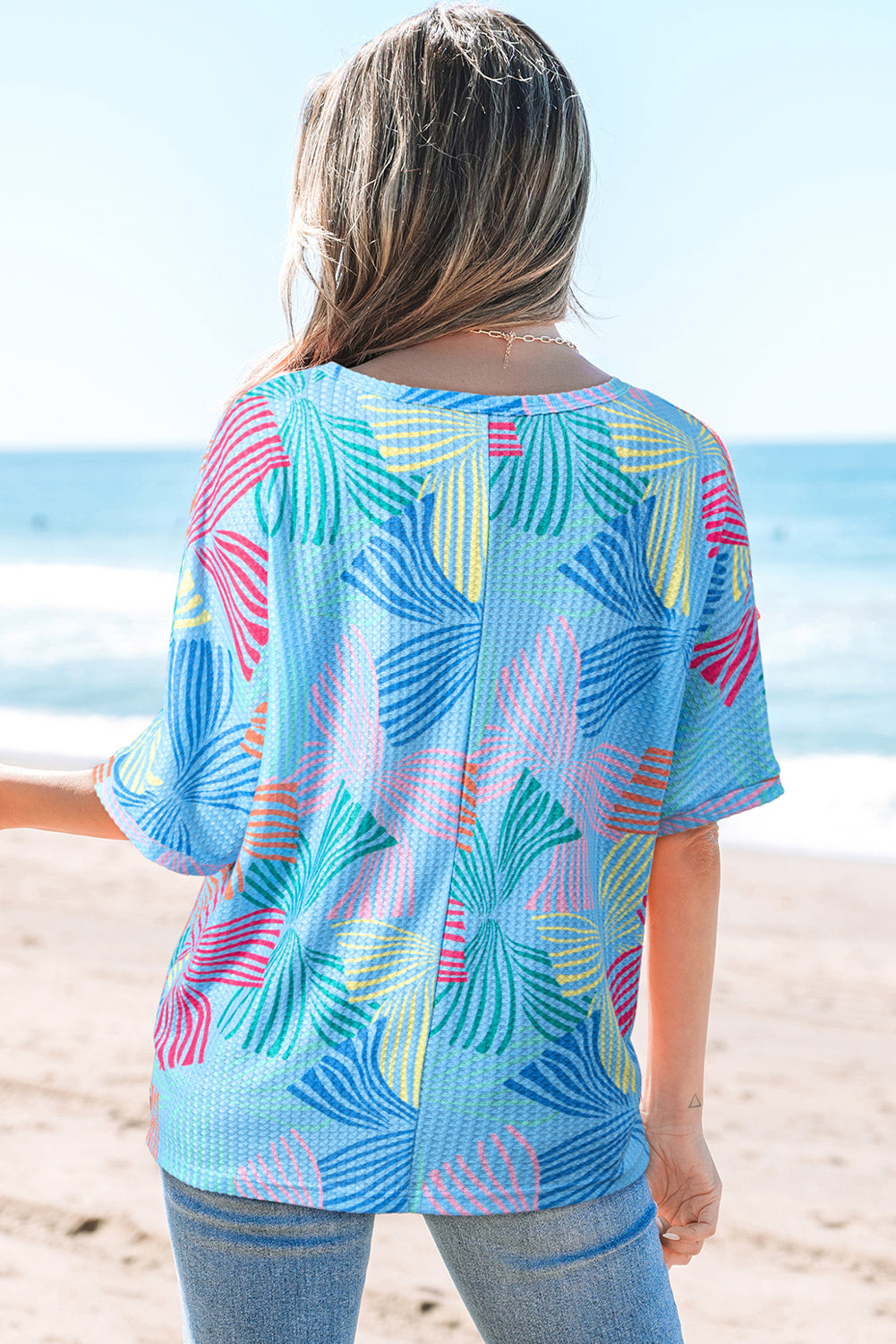 Printed Waffle Crewneck Loose Short Sleeve Top