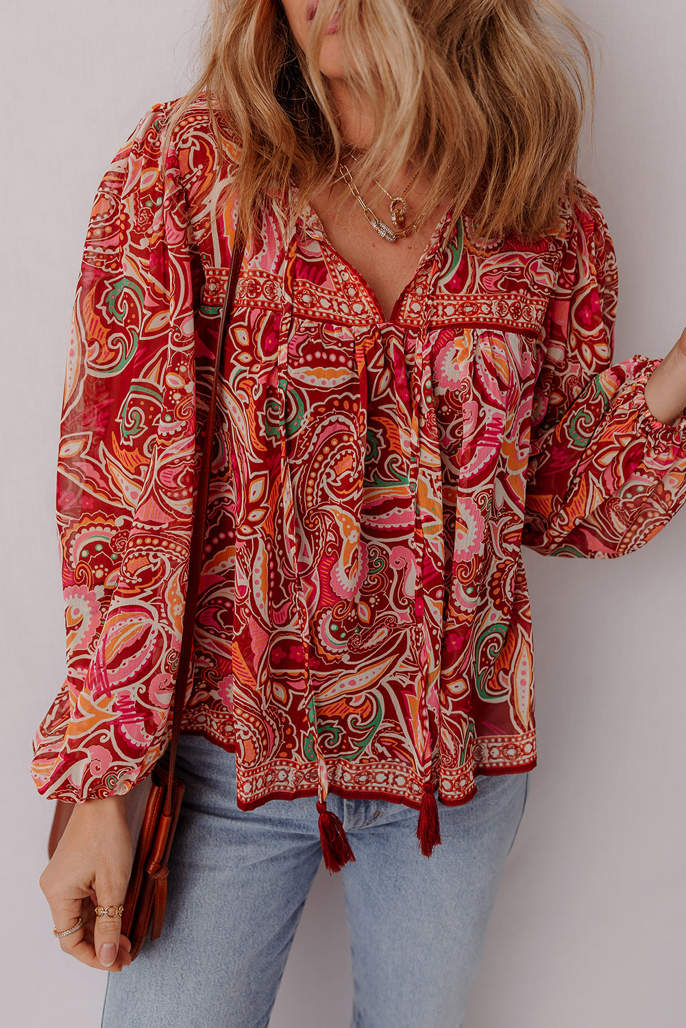Ethnic Paisley Print Tassel Tie Puff Sleeve Boho Blouse