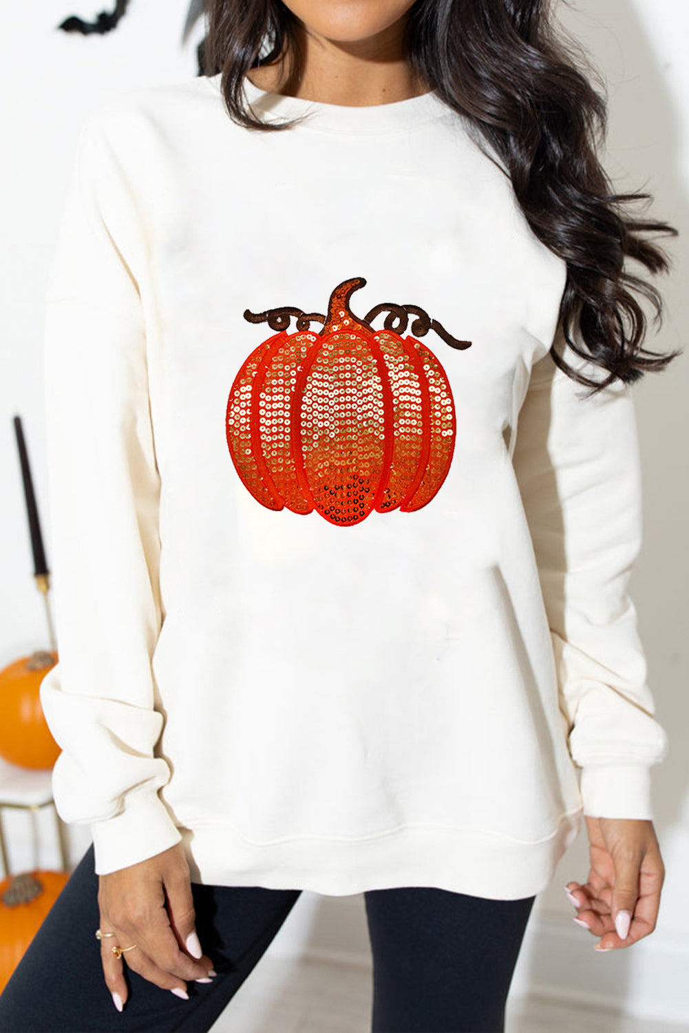Sequin Pumpkin Patched Casual Pullover Graphic Sweatshirt