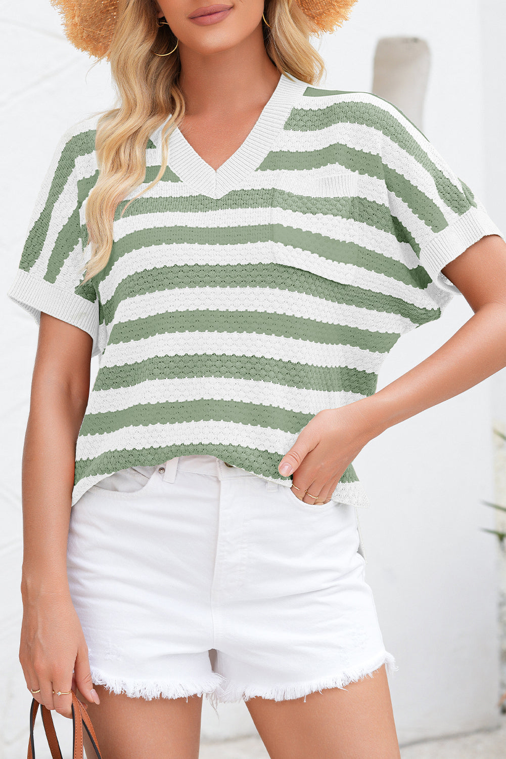V Neck Short Sleeve Sweater with Side Slits