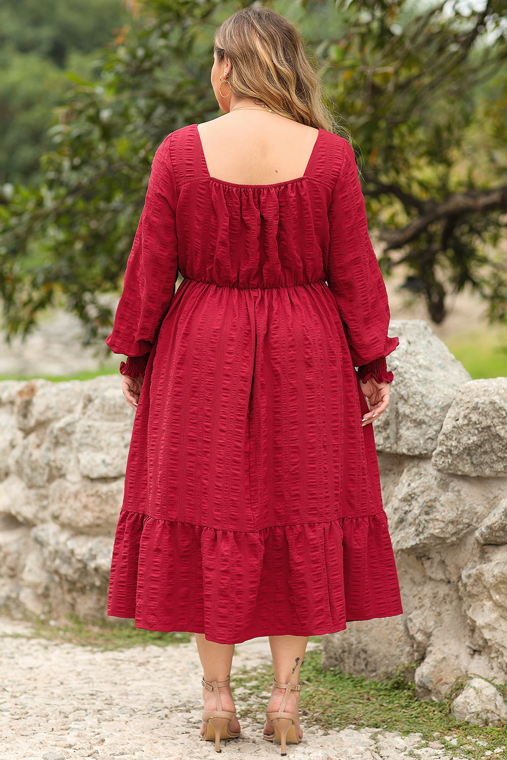 Lace-up Ruched Front Long Sleeve Ruffle Hem Plus Size Midi Dress