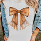 White Tassel Bowknot Print Round Neck Western Fashion T Shirt