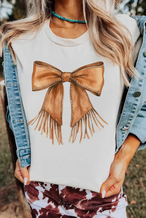 White Tassel Bowknot Print Round Neck Western Fashion T Shirt