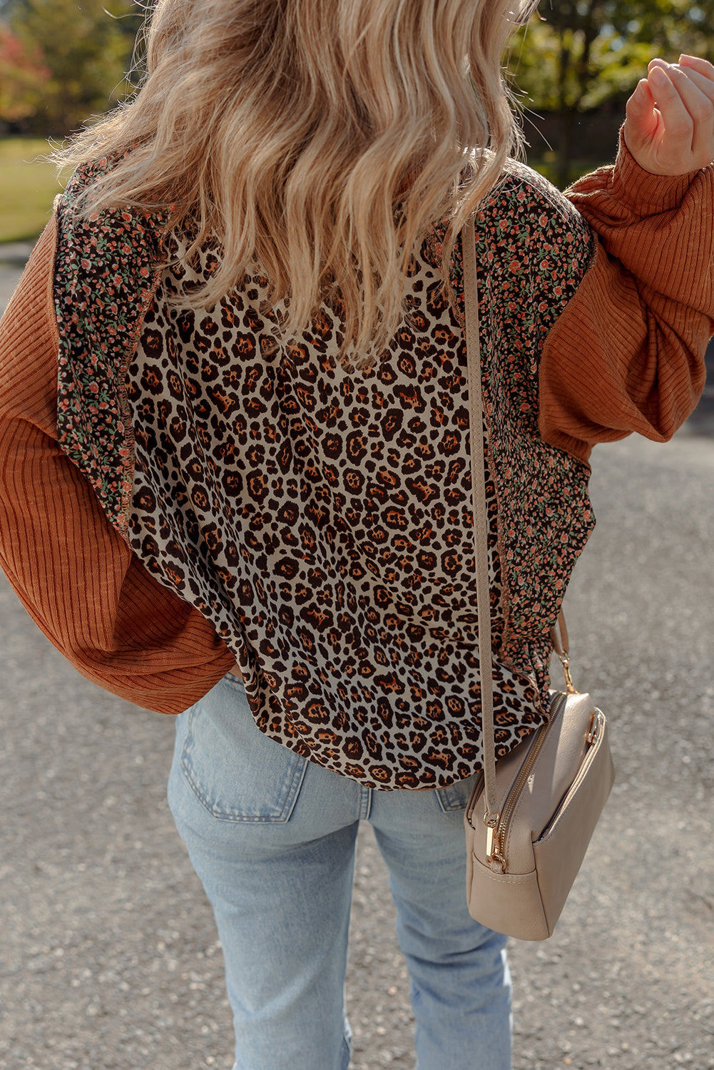 Leopard Floral Print Ribbed Puff Sleeve Patchwork Loose Pullover