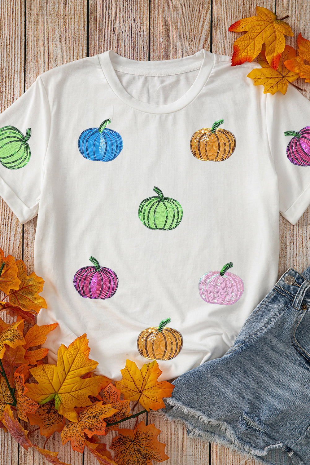 Sequin Pumpkin Patched Cotton Blend T Shirt