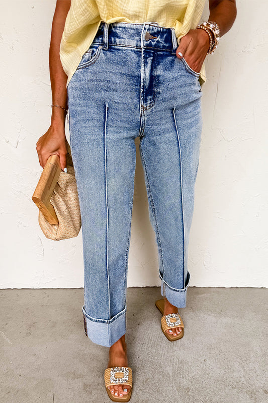 Center Seam Cuffed Hem Straight High Waist Jeans