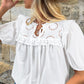 Embroidered Lace Patchwork Tie Neck Puff Short Sleeve Blouse