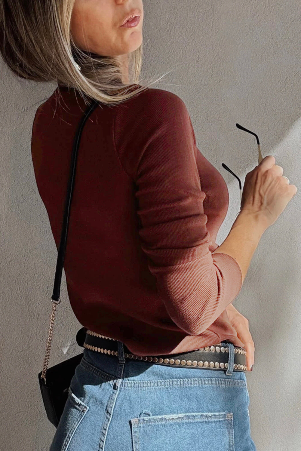 Gathered Bust Square Neck Ribbed Fit Long Sleeve Top