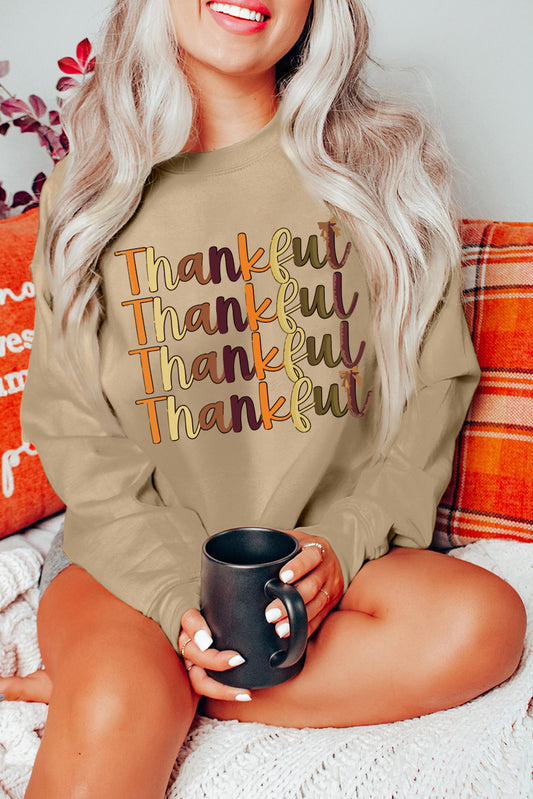 Thankful Repeated Print Drop Shoulder Casual Sweatshirt