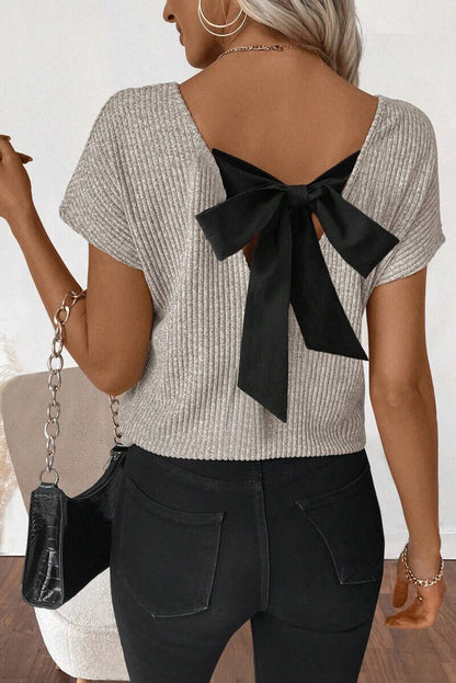 Morn Ribbed Short Sleeve V Neck Colorblock Bow Back Top