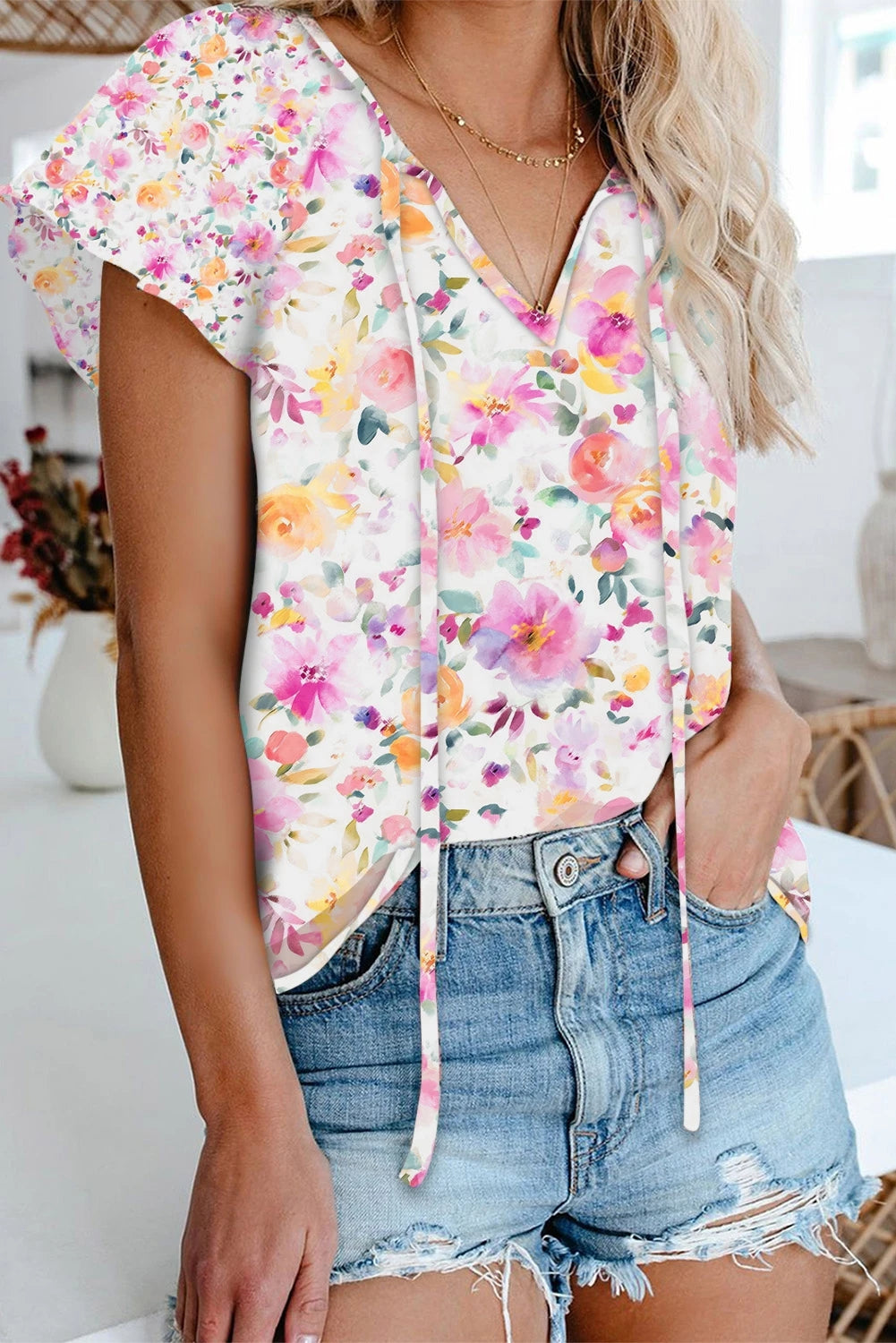 V-neck Short Sleeve Fashion Print Fantasy Fluttering Blouse