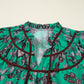 Leaves Print Contrast Trim V Neck Shirred Puff Sleeve Blouse