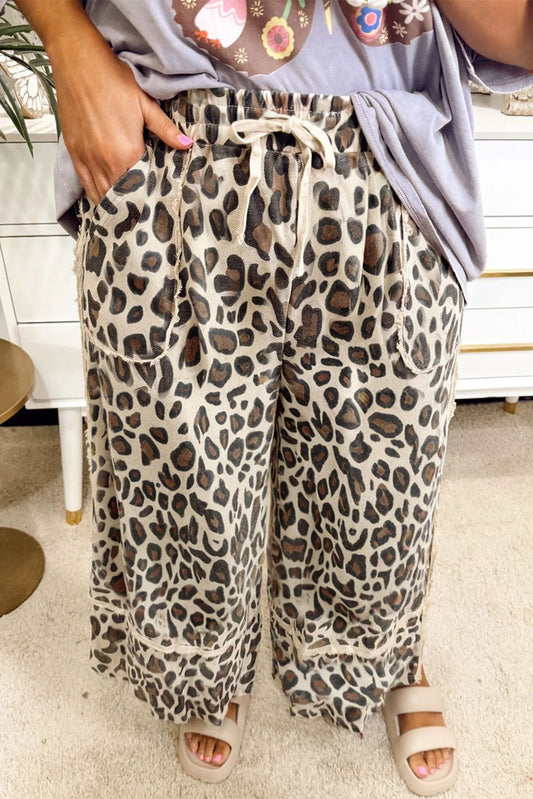 Patched Pocket Plus Size Drawstring Leopard Wide Leg Pants