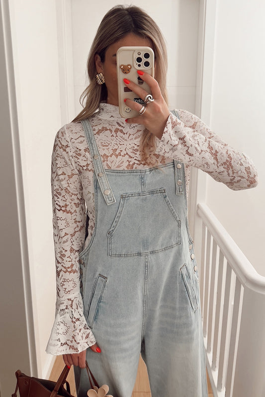 Lace Crochet Bell Sleeve Mock Neck Blouse