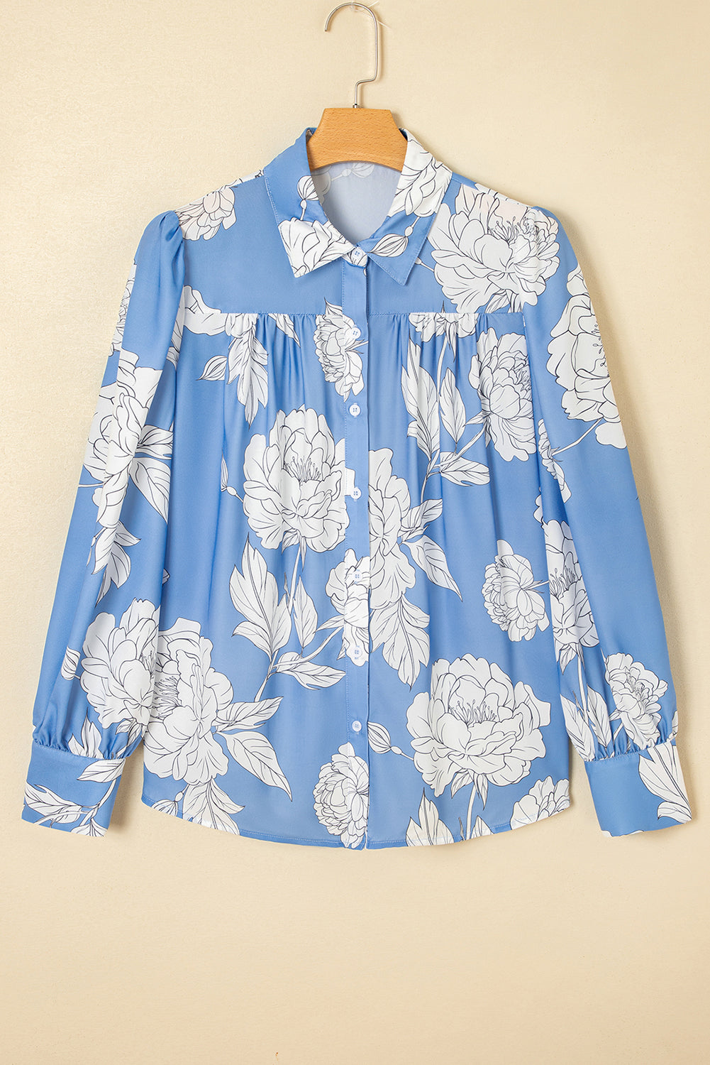 Floral Print Button Up Pleated Detail Puff Sleeve Shirt