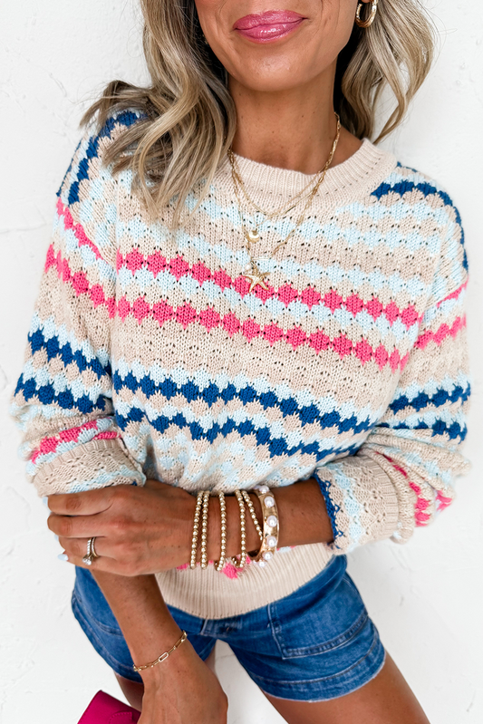 Eyelet Patterned Drop Shoulder Sweater
