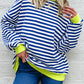 Striped Contrast Ribbed Trim Crossed Stitch Drop Shoulder Sweatshirt