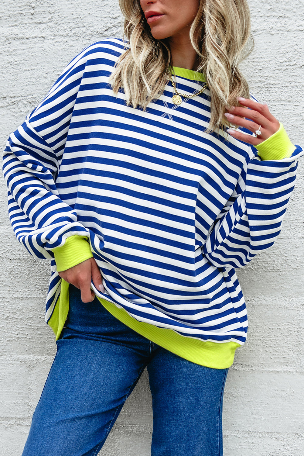 Striped Contrast Ribbed Trim Crossed Stitch Drop Shoulder Sweatshirt