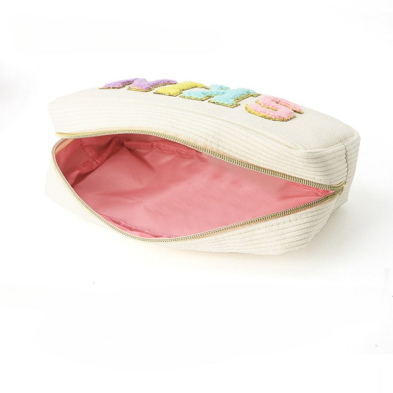 Corduroy Cosmetic Bag with Embroidered Letters