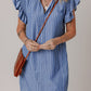 Frilly Split Neck Shirred Ruffle Sleeve Short Shift Dress