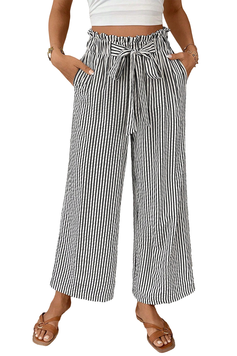 Stripe Tied High Waist Loose Straight Casual Pants