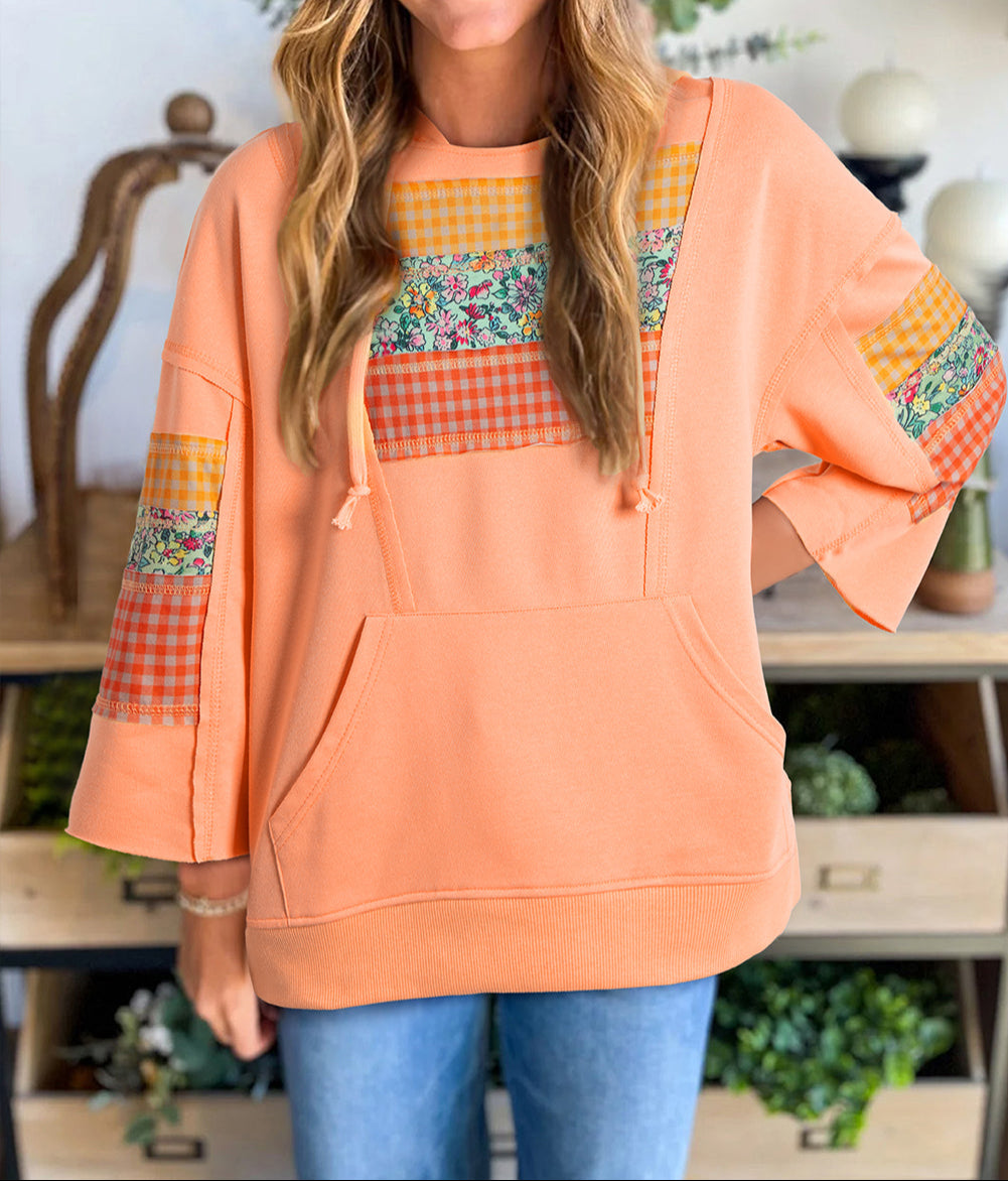 Plaid Floral Patchwork Kangaroo Pocket Hooded Long Sleeve Top