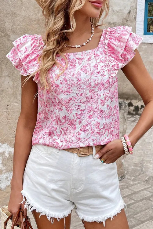 Pink Textured Bow Knot Frilled Butterfly Sleeve Blouse