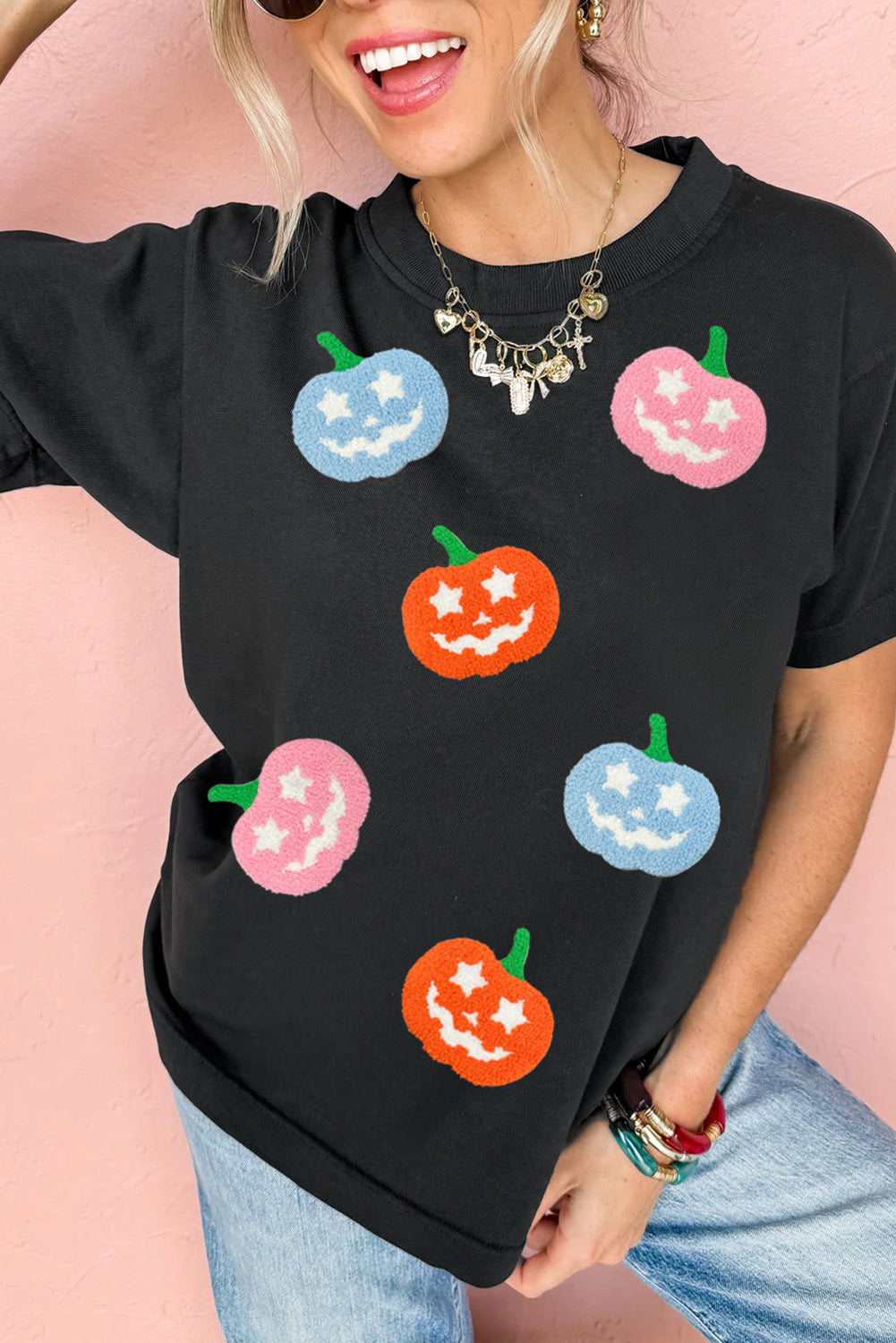 Chenille Pumpkin Patched Playful Halloween T Shirt