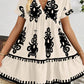 Vintage Print V Neck High Waist Short Sleeve Dress