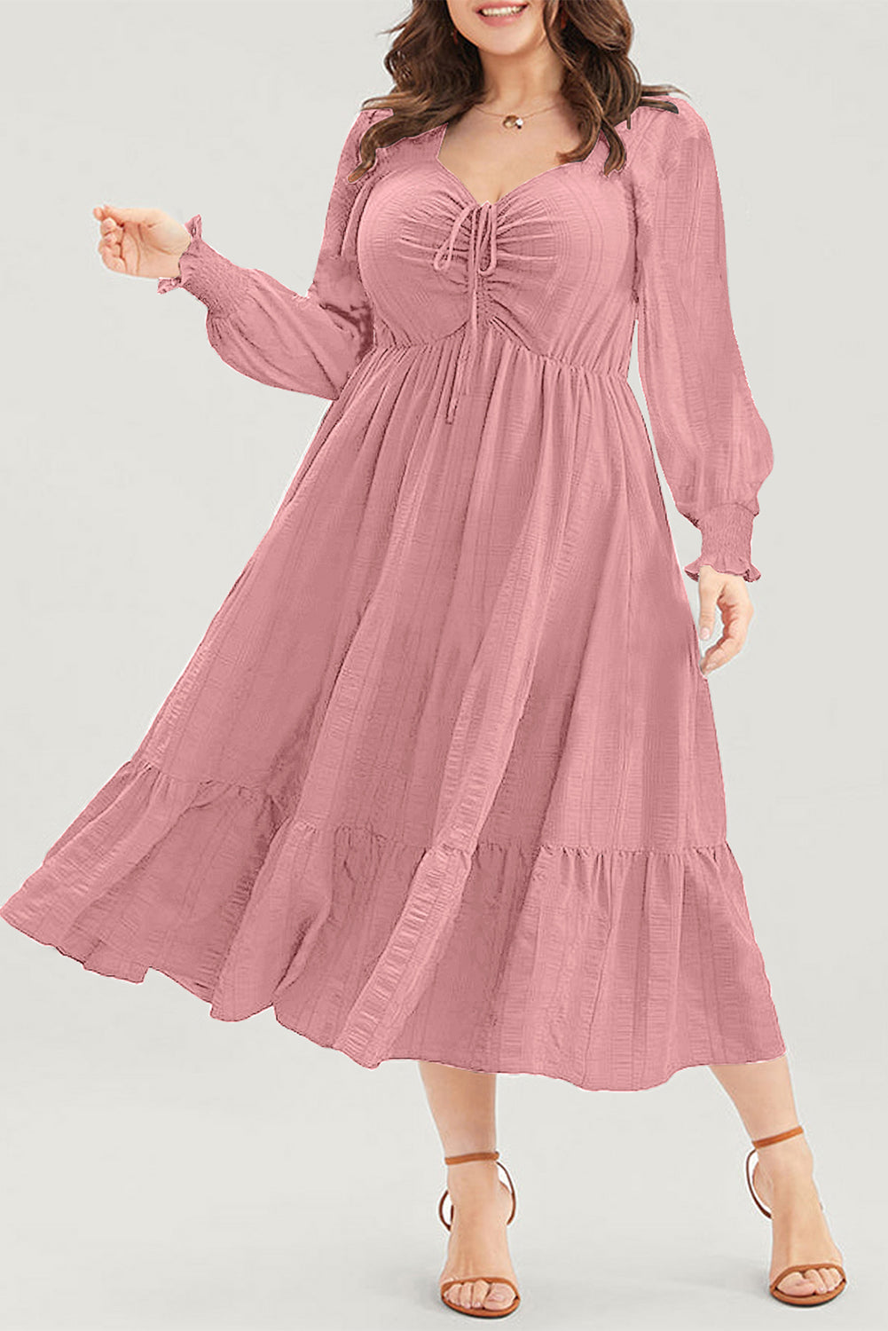 Lace-up Ruched Front Long Sleeve Ruffle Hem Plus Size Midi Dress