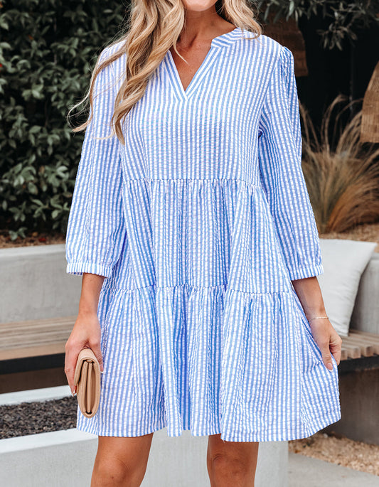 Stripe Bracelet Sleeve Tiered Shift Dress with Pockets