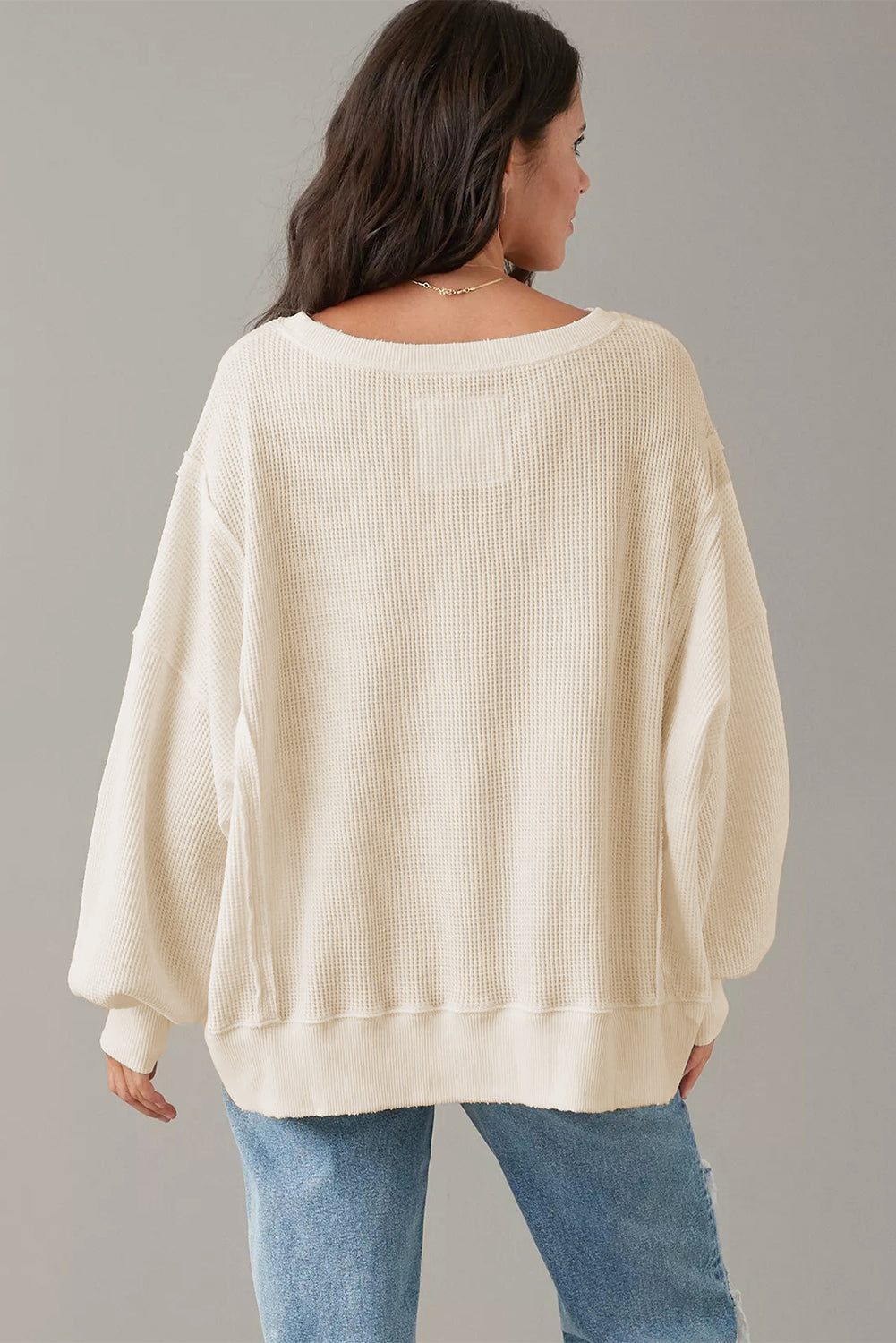 Waffle Knit Bishop Sleeve Split Sweatshirt