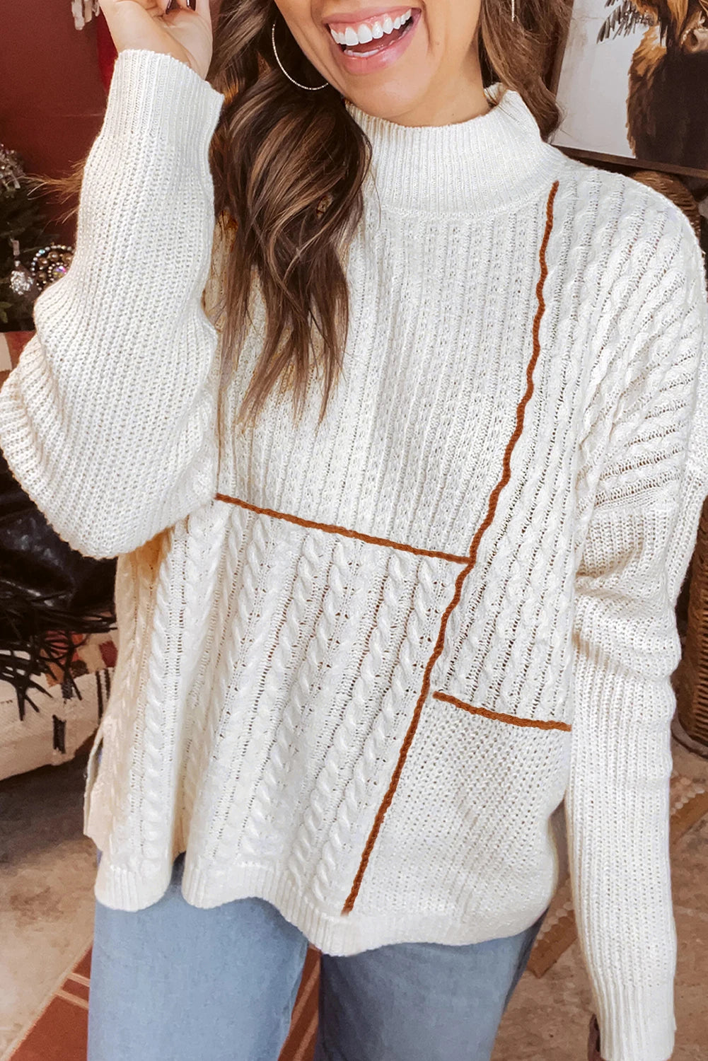 Contrast Stitch Mock Neck Sweater
