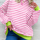 Striped Contrast Ribbed Trim Crossed Stitch Drop Shoulder Sweatshirt