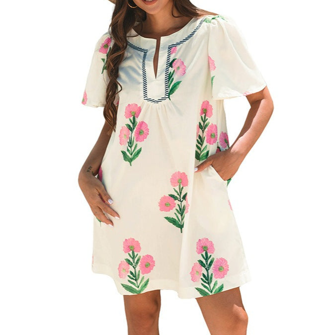Apricot Floral Short Sleeve Split Neck Loose Mini Dress