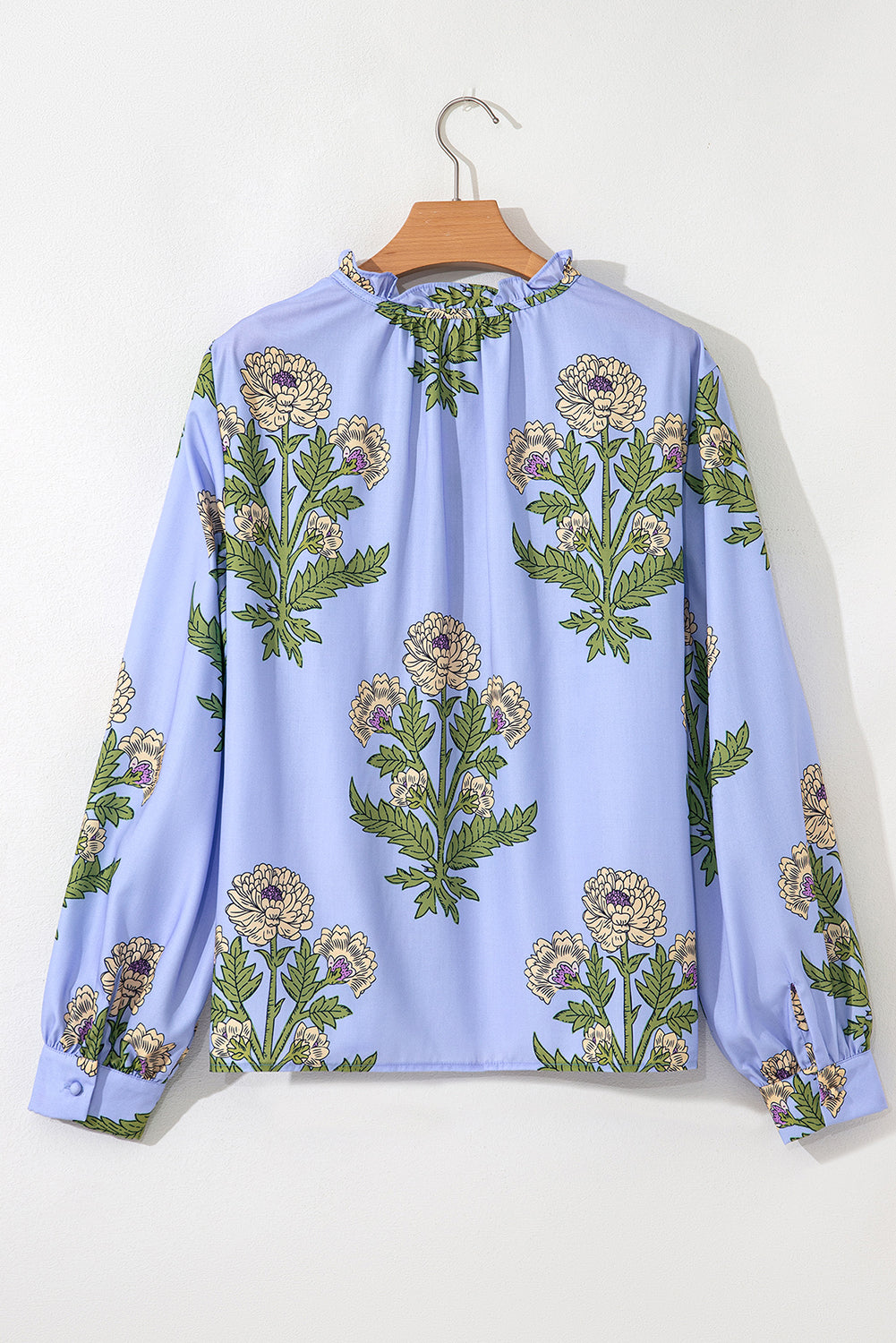 Floral Print Button Tie Neck Long Puff Sleeve Blouse