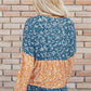 Floral Color Block Patchwork Ruffled Hem Round Neck Blouse