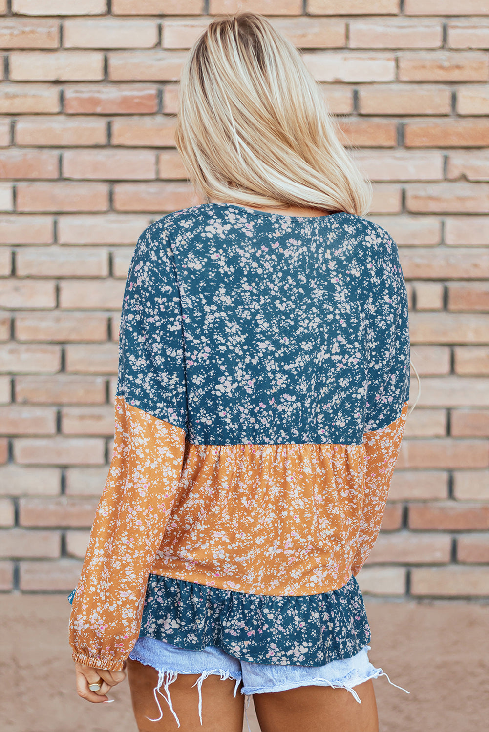 Floral Color Block Patchwork Ruffled Hem Round Neck Blouse