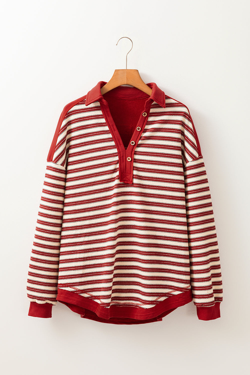 Stripe Buttoned V Neck Collared Top