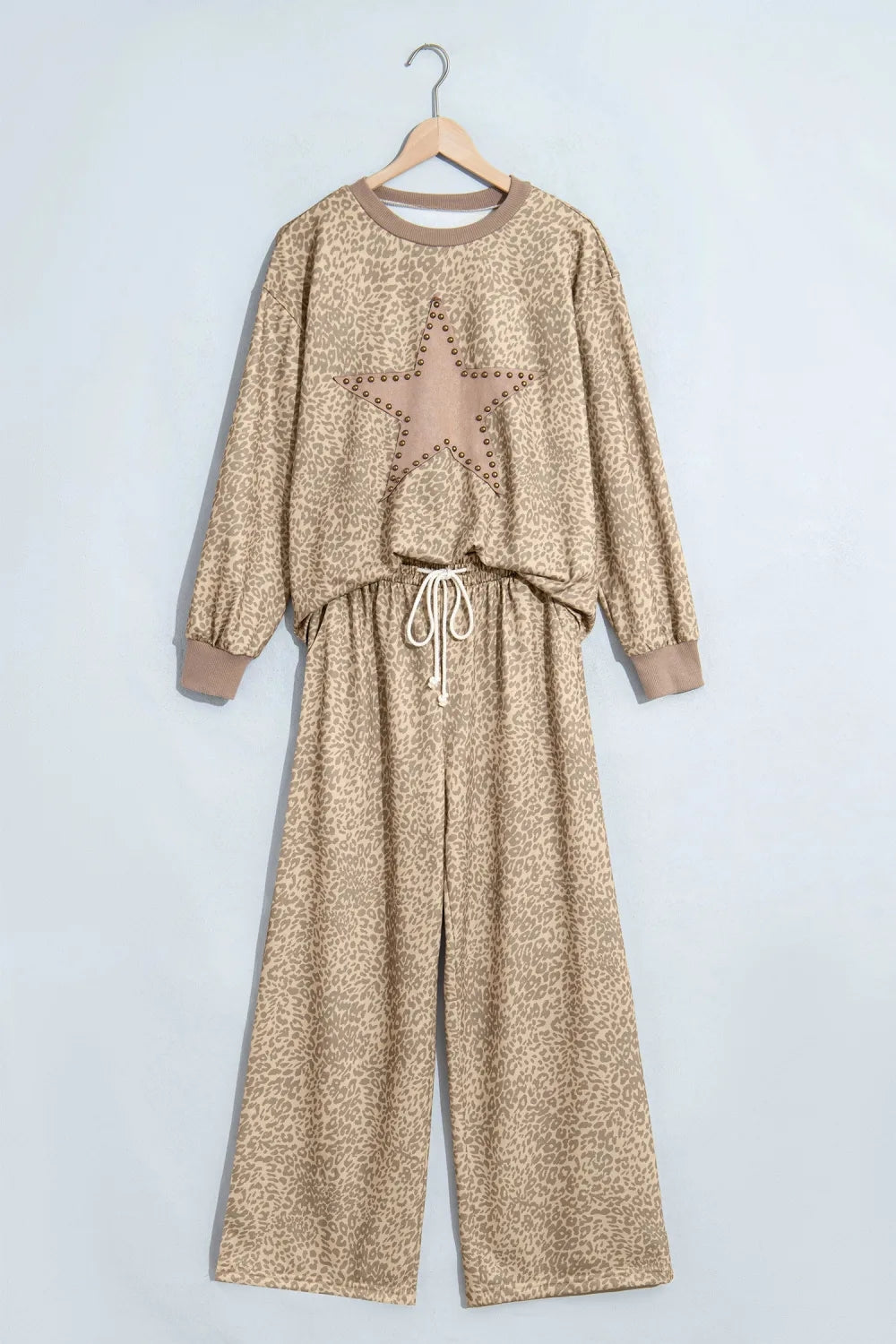 Khaki Leopard Star Print Long Sleeve Loose Casual Two Piece Pants Set