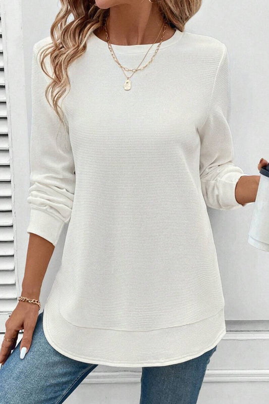 Rounded Hem Waffle Long Sleeve Top