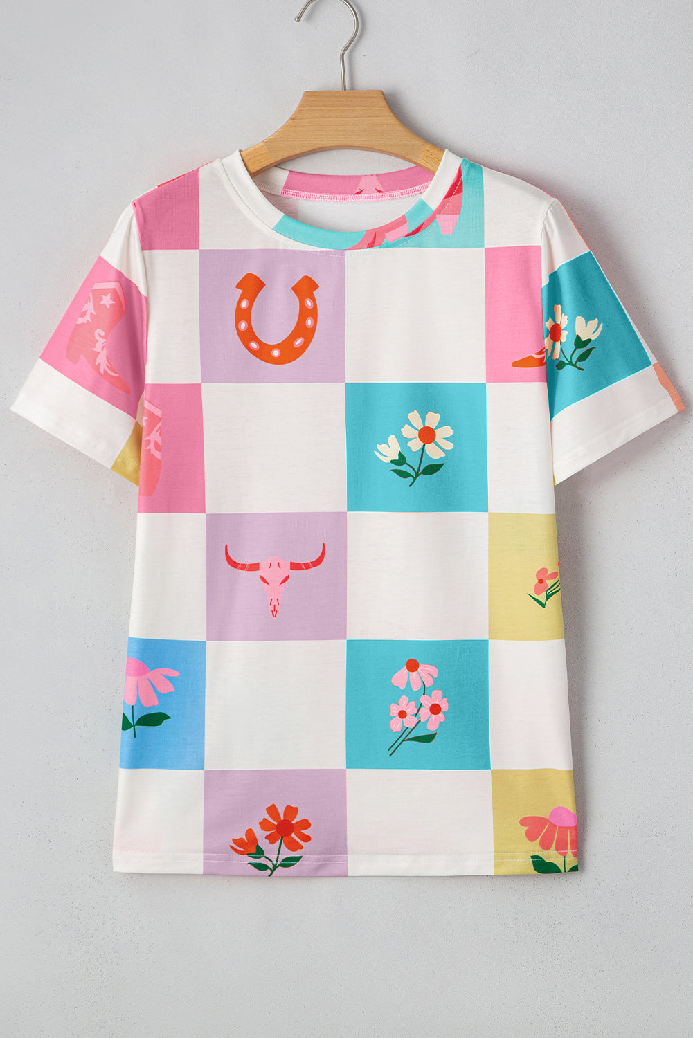 Western Fashion Checker Print Crewneck T Shirt